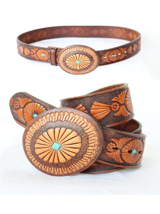 Hand Crafted Accessories - Vintage Hand Made USA tooled lesther western belt & buckle western cowboy 36/ S